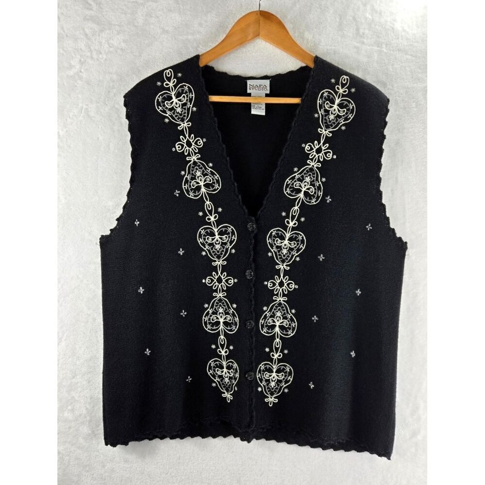 Vtg Black Sweater Vest White Embroidery Large NAPA Studio CottageCore Grandma 90